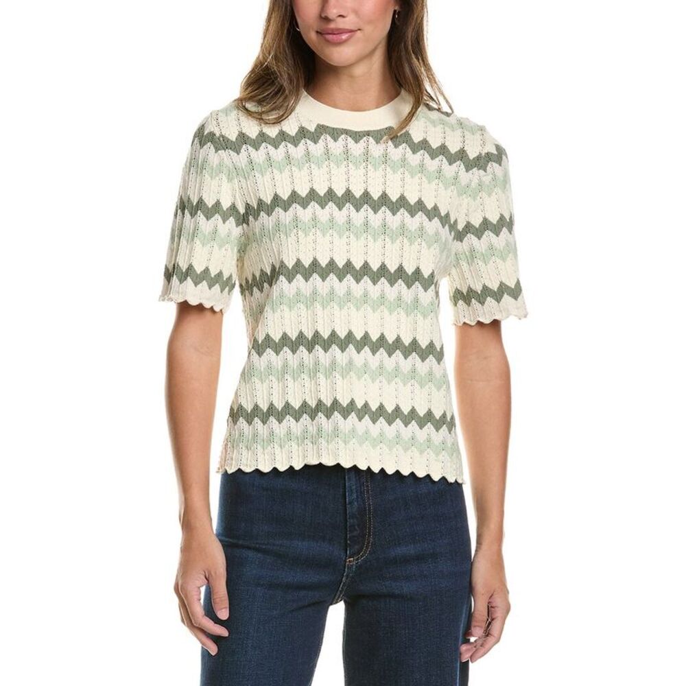 Adrianna Papell Womens Chevron Striped Crewneck Pullover, Green